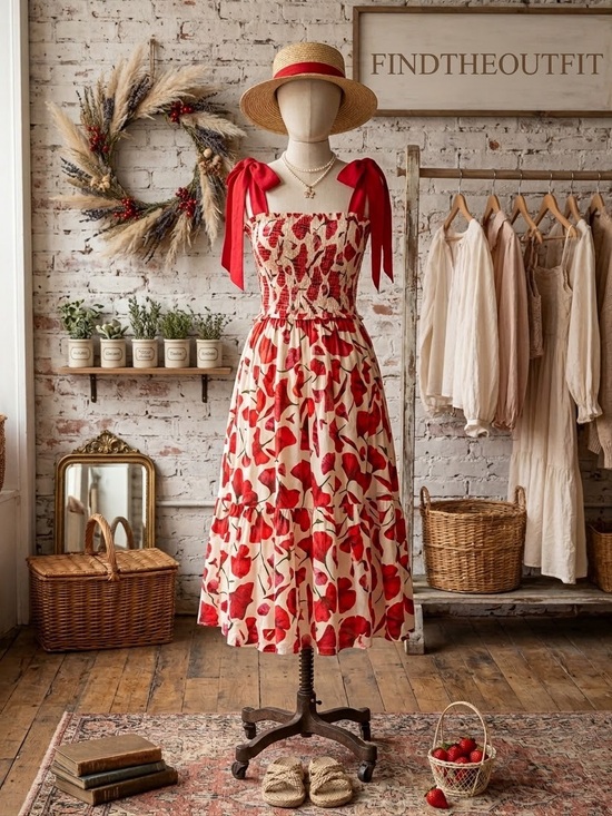 En Saison Dresses & Skirts - En Saison Josie Gingko Red Cream Floral Tie-Shoulder cotton Dress medium